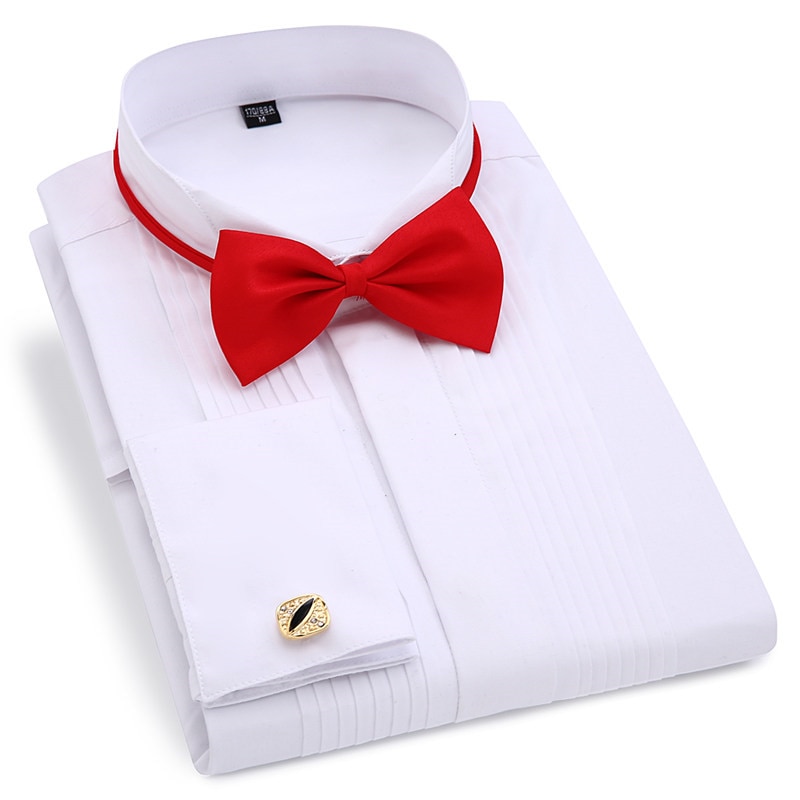 Men Wedding Tuxedo Long Sleeve Dress Shirts French Cufflinks Swallowtail Fold Dark Button Design Gentleman Shirt White Red Black